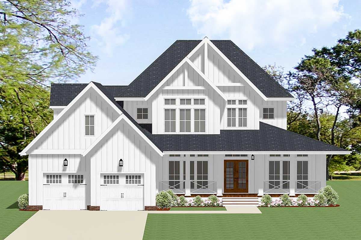 House plan exterior. Two-story Modern Farmhouse with gables, a covered porch, and a side-entry garage. Features include board and batten siding.