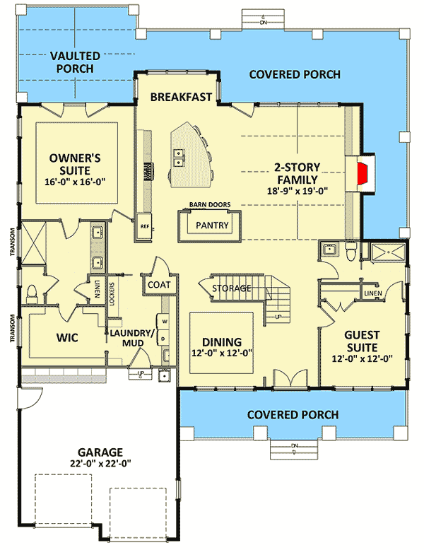 Plan 46349LA: 4-Bedroom Farmhouse Plan with Main-Floor Master and Bonus Room  - Floor Plan - Main Level - Farmhouse