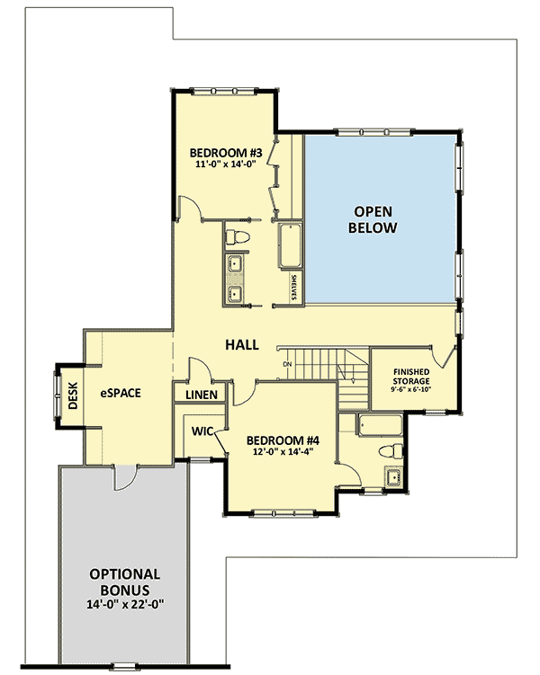 Plan 46349LA: 4-Bedroom Farmhouse Plan with Main-Floor Master and Bonus Room  - Floor Plan - 2nd Floor - Farmhouse