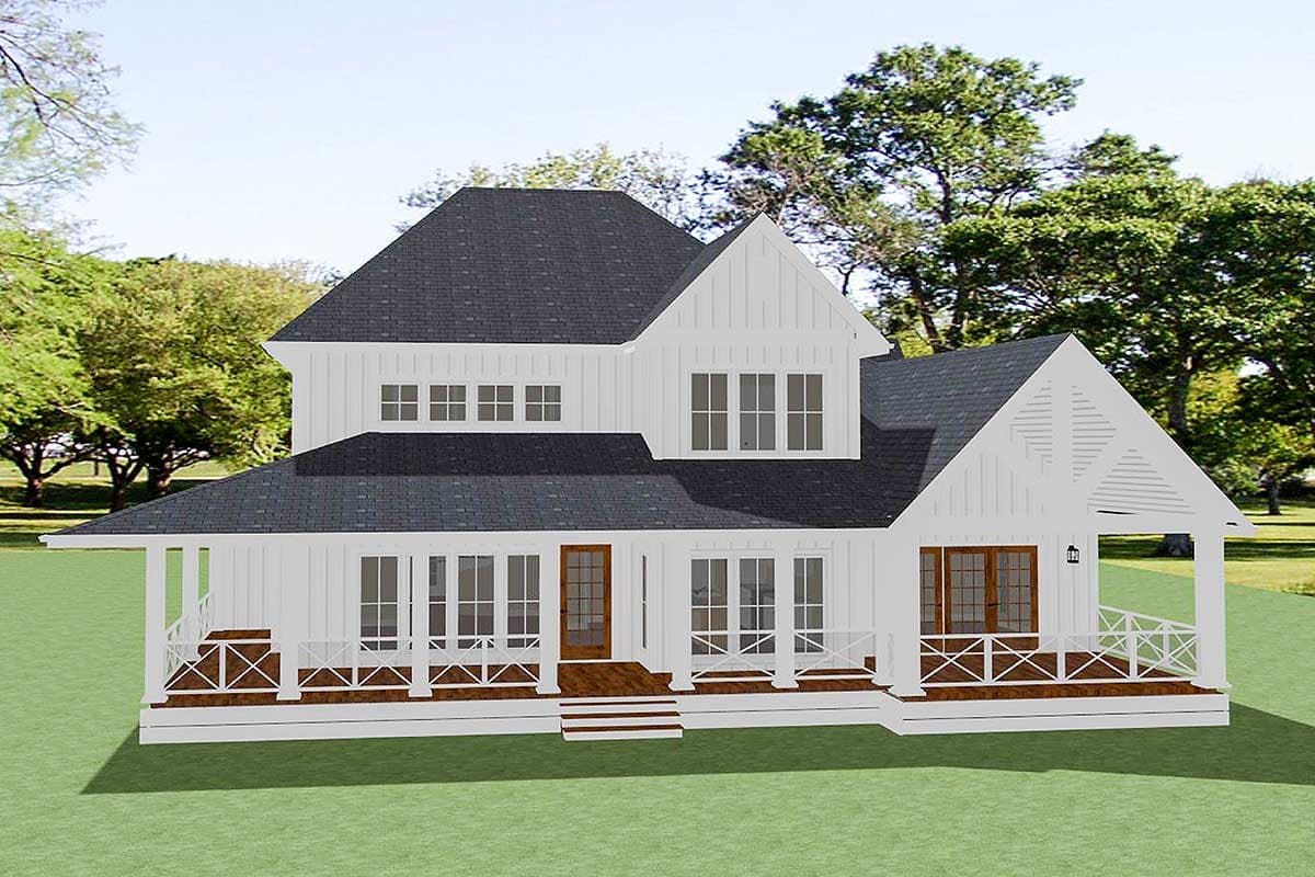 Modern Farmhouse house plan exterior, two stories, with wrap-around porch, board and batten siding, and multiple gables.