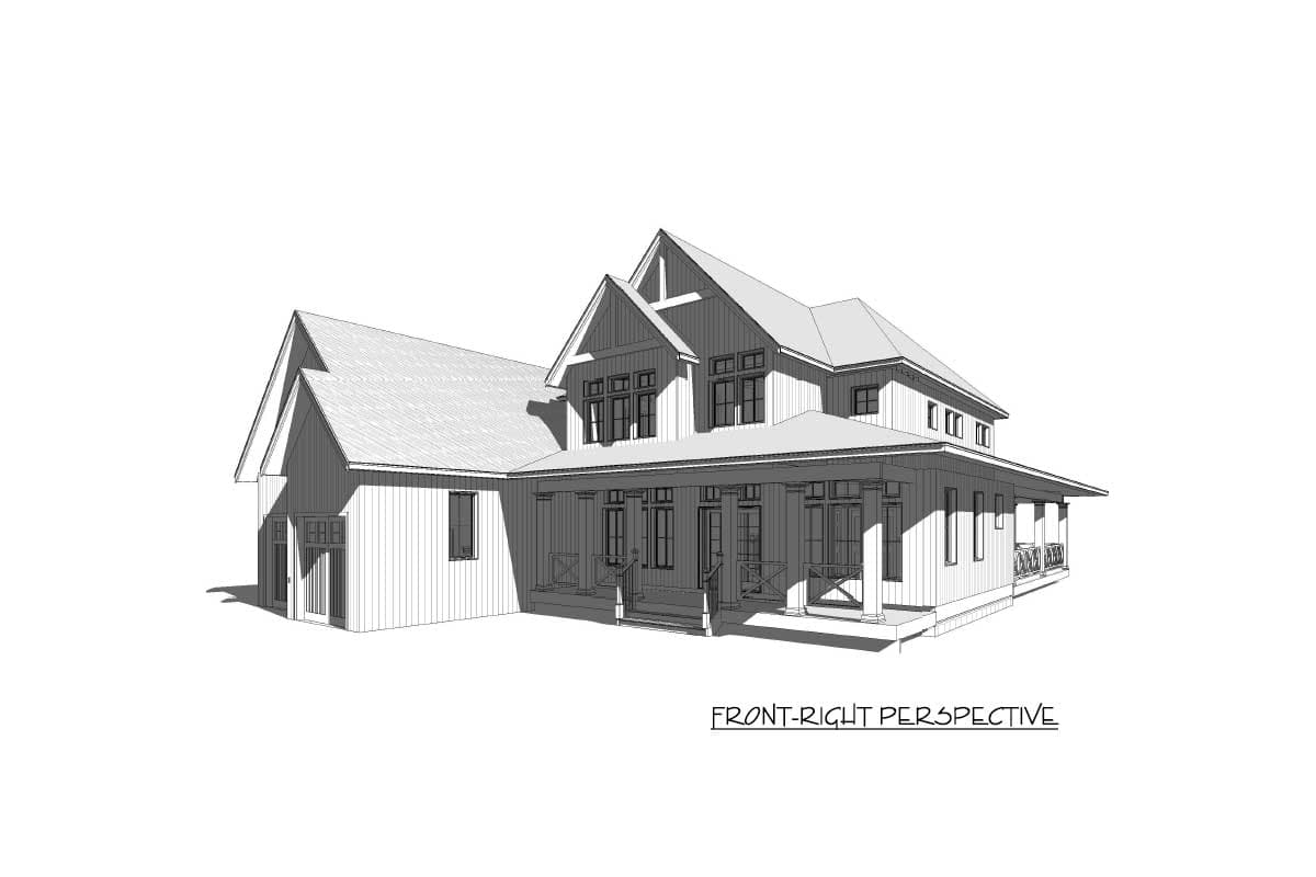 House plan exterior drawing of a two-story Modern Farmhouse with gabled rooflines, a wraparound porch, and side-facing garage.