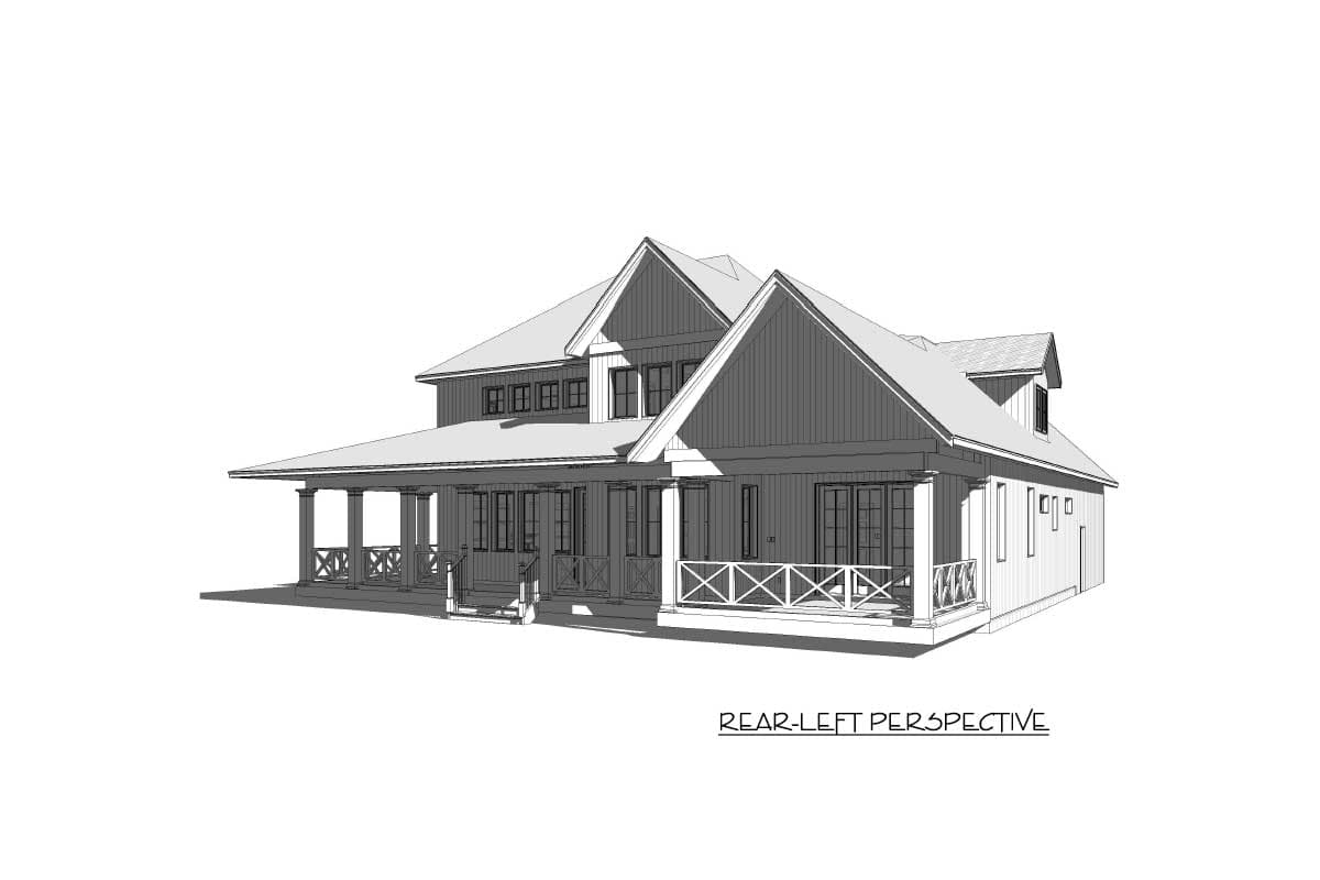 House plan exterior: Two-story Modern Farmhouse with wrap-around porch, multiple gables, and dormer windows.