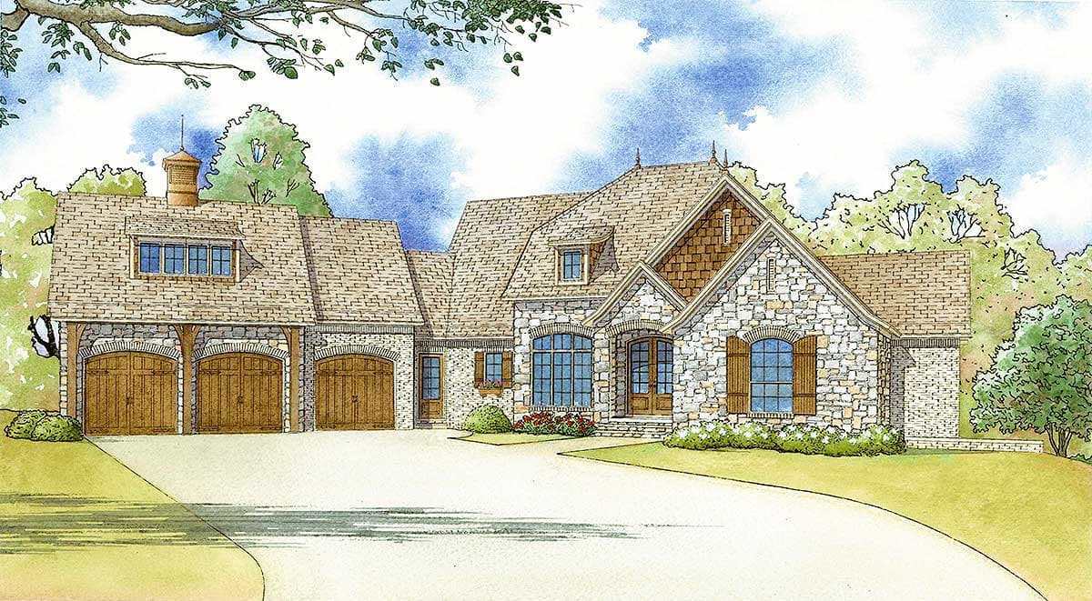 House plan exterior: Stone-clad European-style home with three-car garage, dormers, gabled roof, and arched entry.