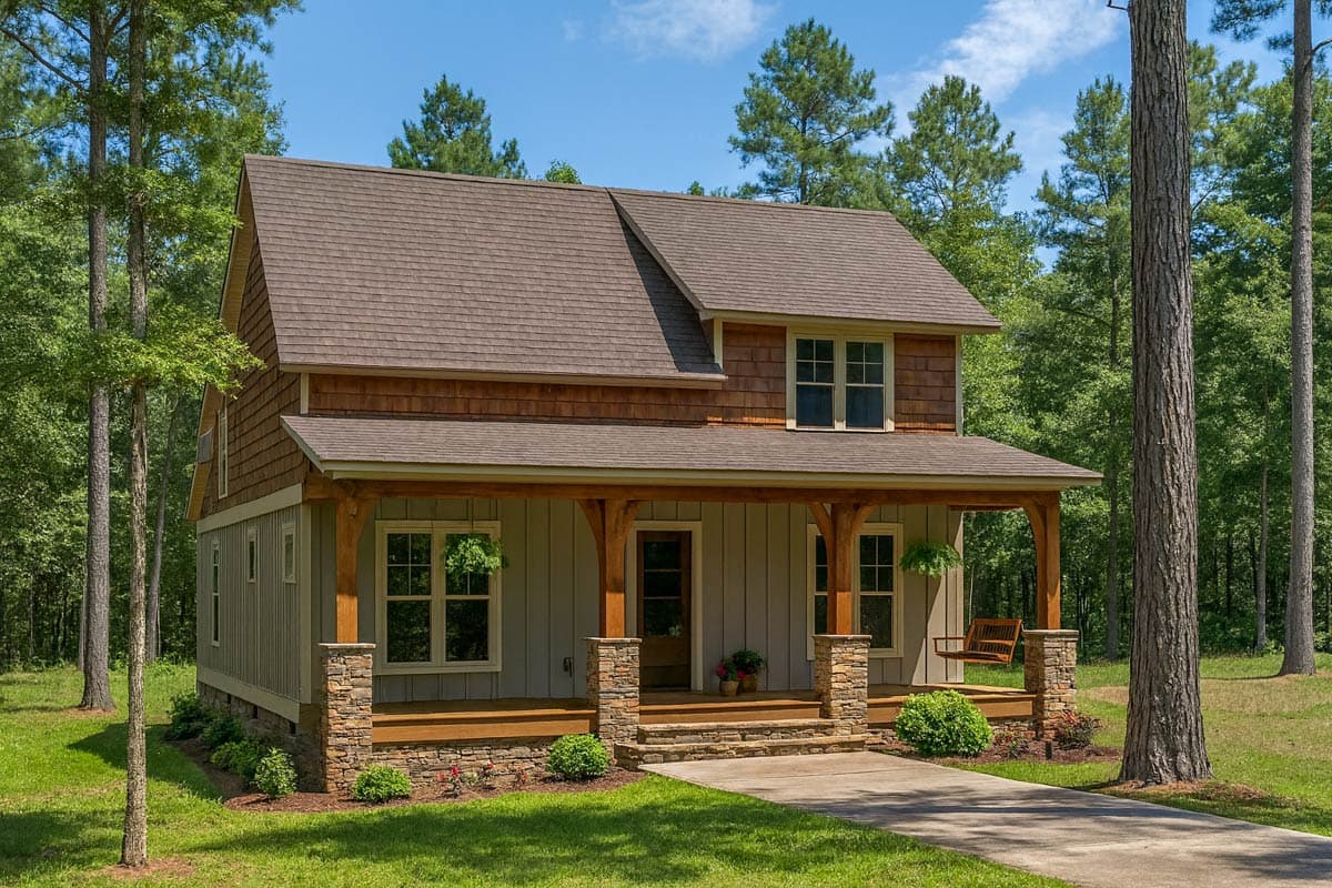 House plan exterior. Two-story Craftsman home with a front porch, gabled roof, and stone-clad porch supports.