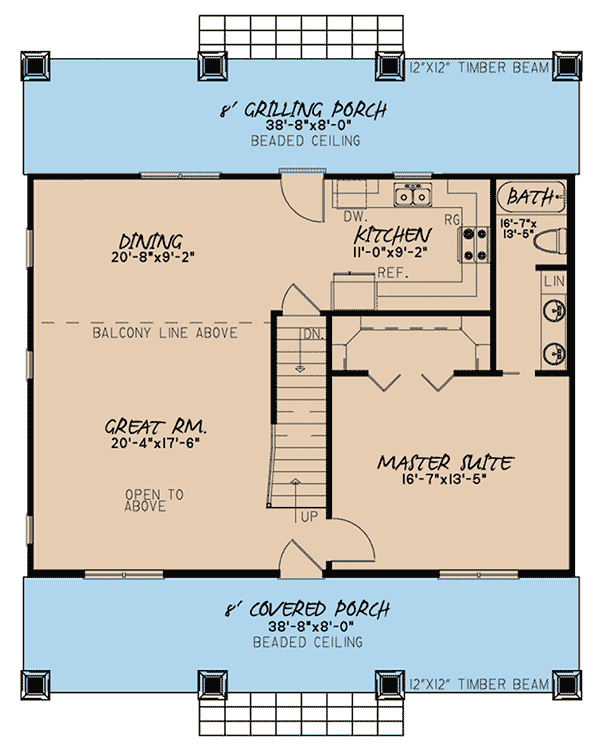 Plan 70596MK: Cabin House Plan with Matching 8'-Deep Porches Front and Back - 1764 Sq Ft - Floor Plan - Main Level - Cabin, Cottage, Country, Farmhouse, Mountain, Rustic, Vacation