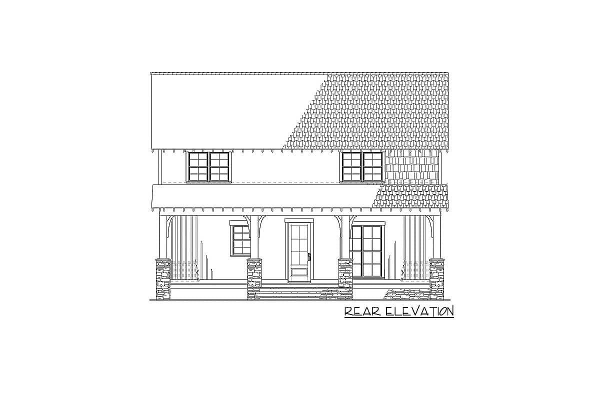 Rear elevation of a two-story house plan with a covered porch, stone-clad porch columns, and multiple windows.