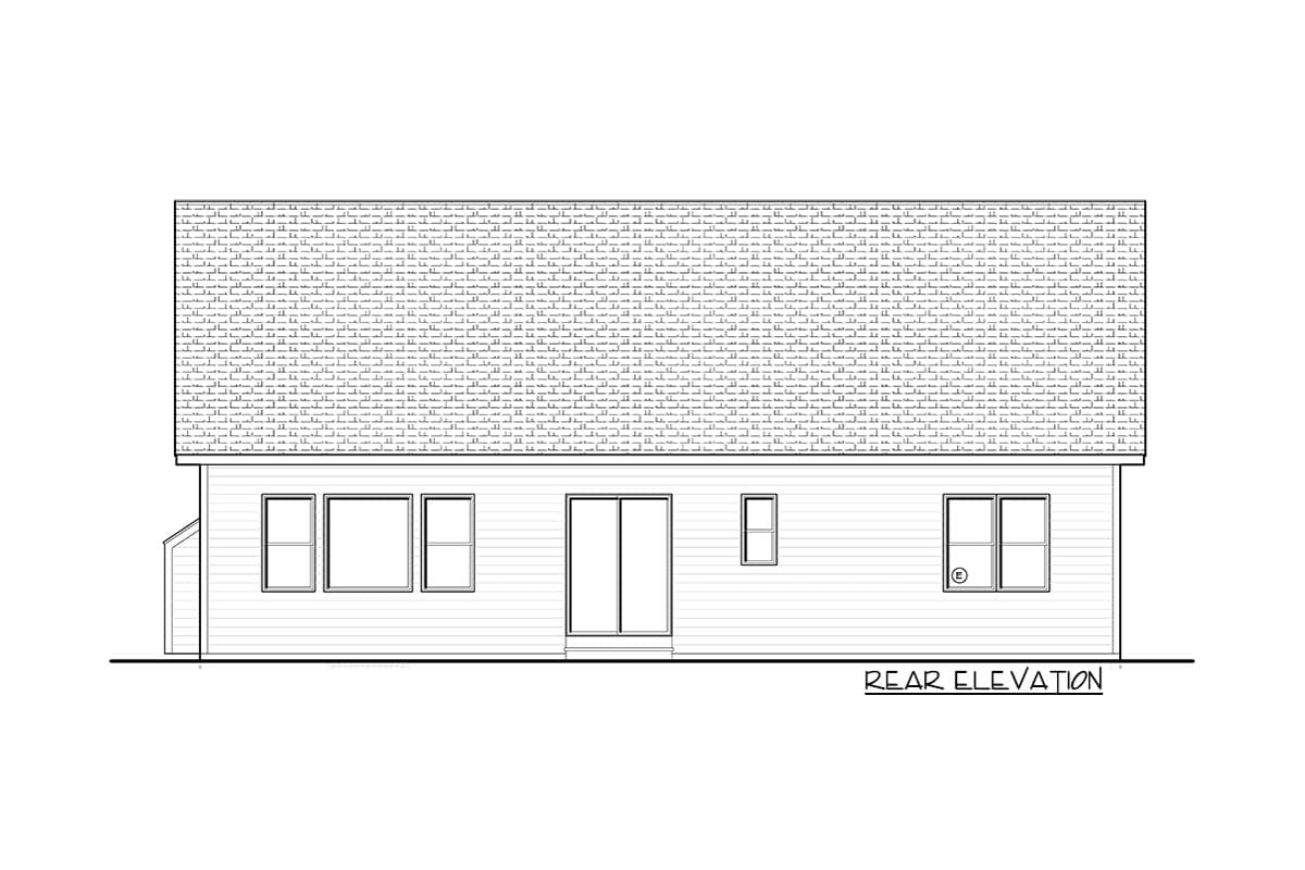Rear elevation drawing of a house plan featuring horizontal siding, a sliding glass door, and multiple windows.