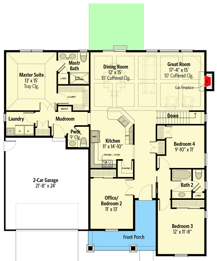 Plan 770016CED: 3-Bedroom Traditional Craftsman Home Plan with Private Office  - Floor Plan - Main Level - Craftsman, Ranch, Traditional