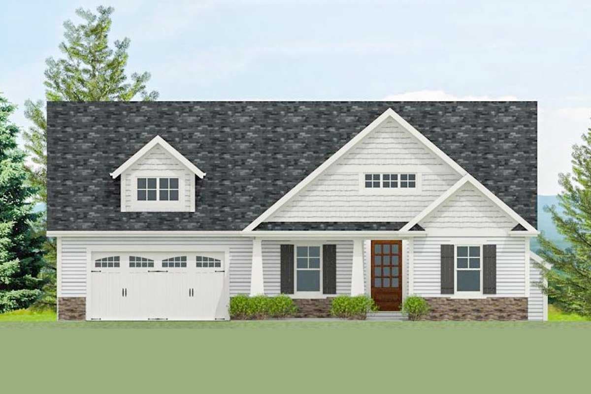 House plan exterior: Ranch style, single-story with dormer, gable, and attached garage.