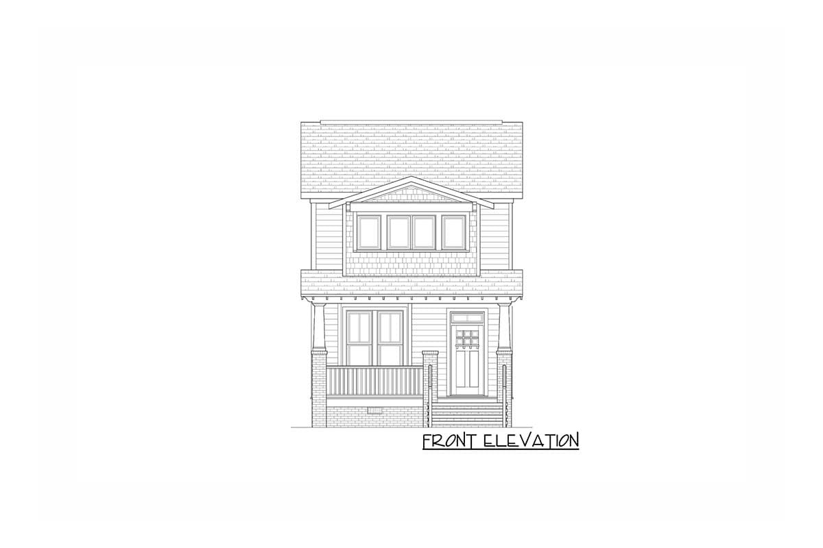 Front elevation drawing of a two-story house with a covered porch, gabled dormer, and multiple windows.
