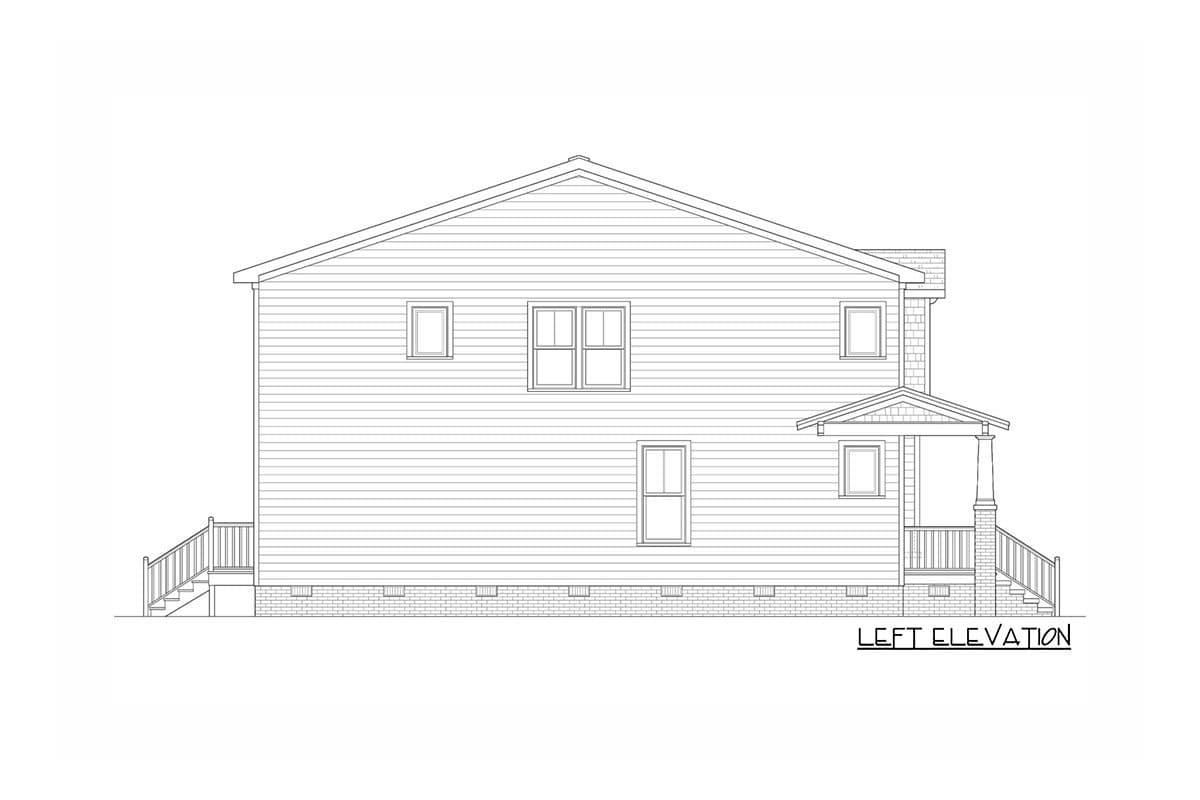 Left elevation house plan showing a two-story house with horizontal siding, a covered porch with columns, and stairs.