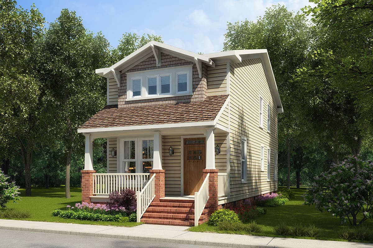 House plan exterior: two-story house with a covered front porch, gabled dormer, and wood siding.