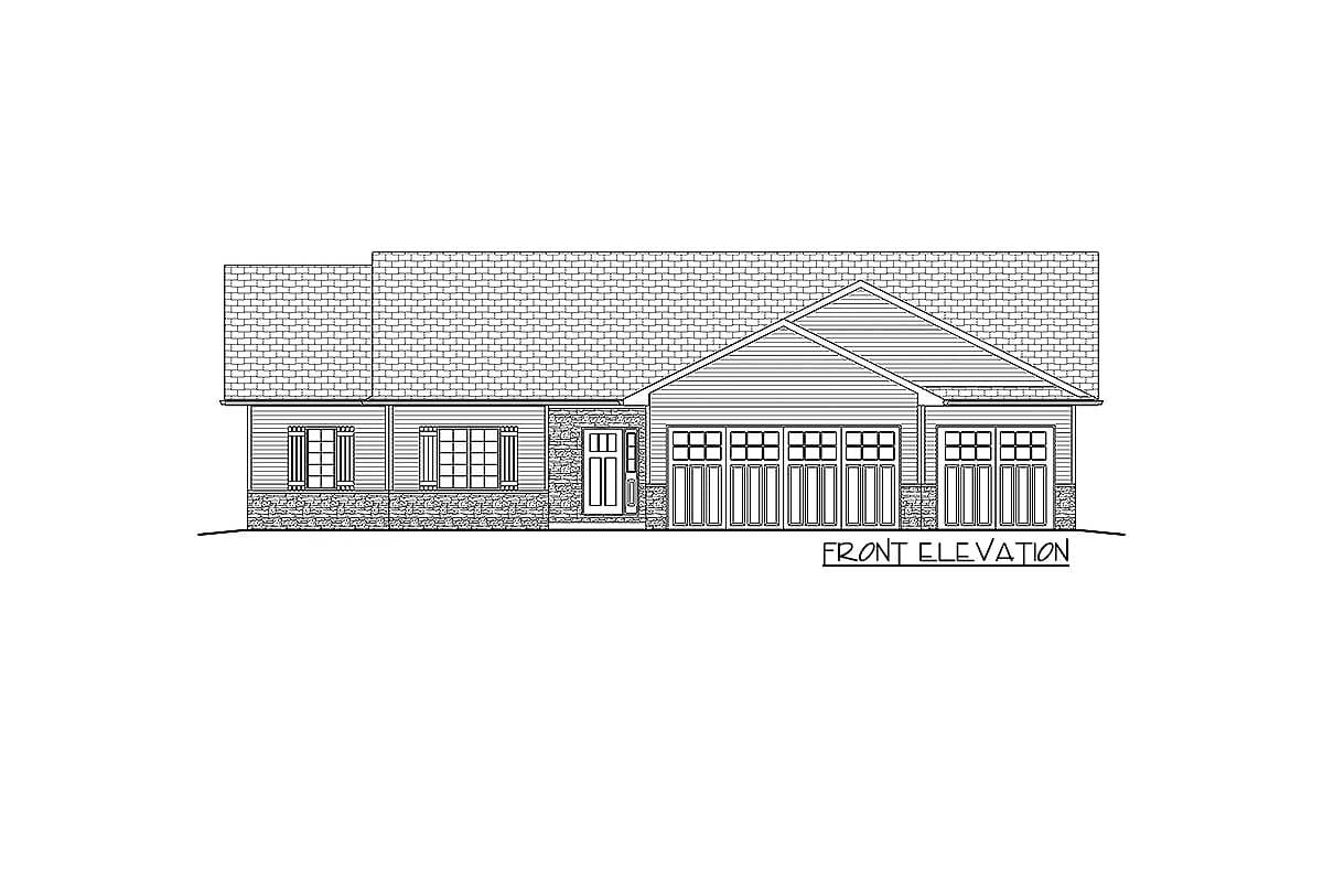Front elevation drawing of a one-story house with a prominent gable, stone accents, and a three-car garage.
