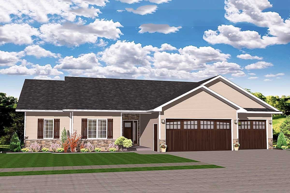 House plan exterior. Ranch style with a low-pitched roof, gabled garage, and decorative shutters. Stone accent on the front elevation.