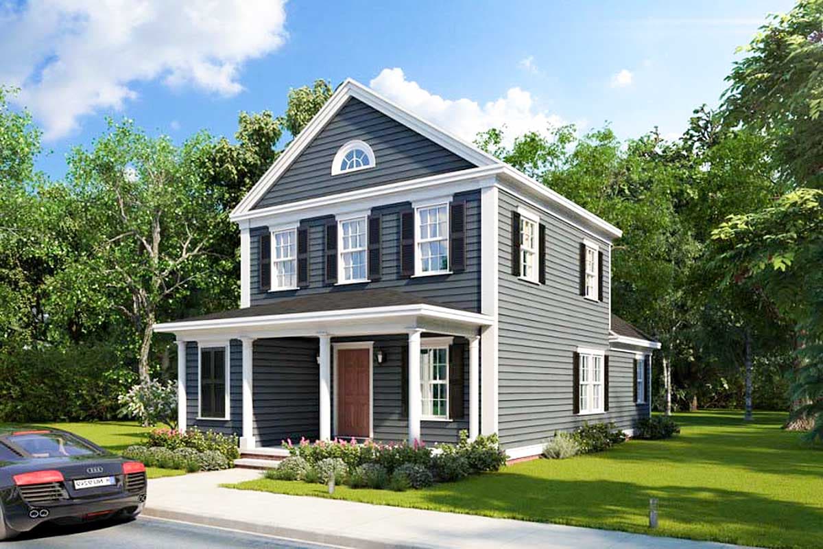 House plan exterior. Two-story Colonial with a front porch, gabled roof, and decorative shutters on multiple windows.