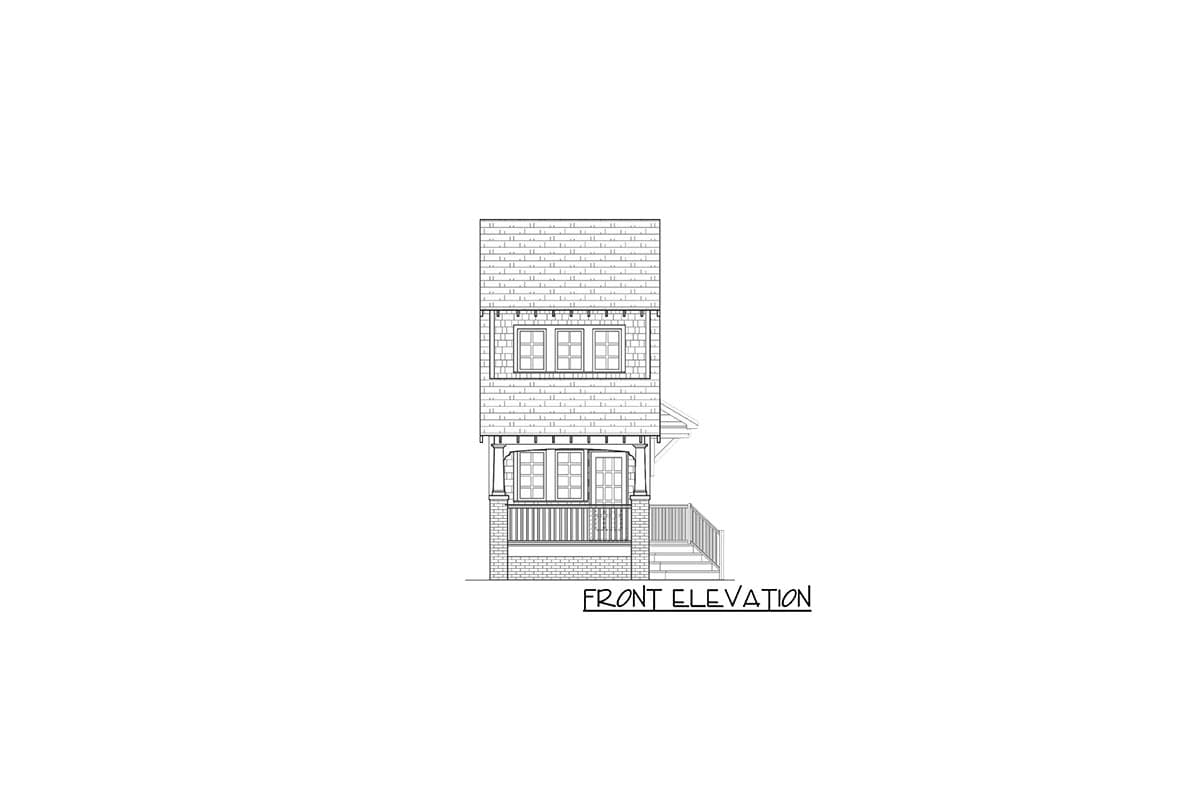 Front elevation drawing of a two-story house plan with a covered porch, double front doors, and multiple windows.