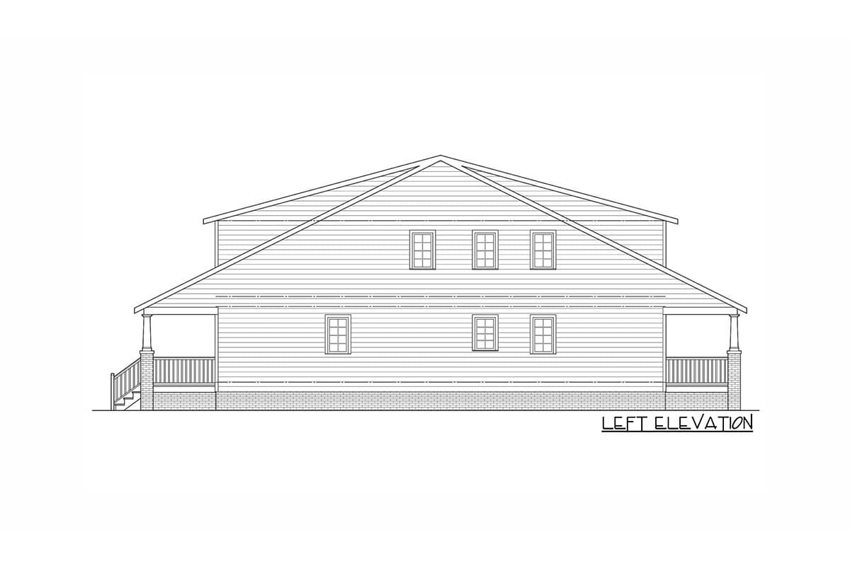 Left elevation house plan showing two stories, a hip roof, and a full-width porch with brick supports.