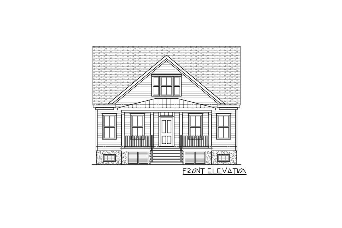 Front elevation drawing of a two-story house with a gabled roof, porch, and dormer windows.