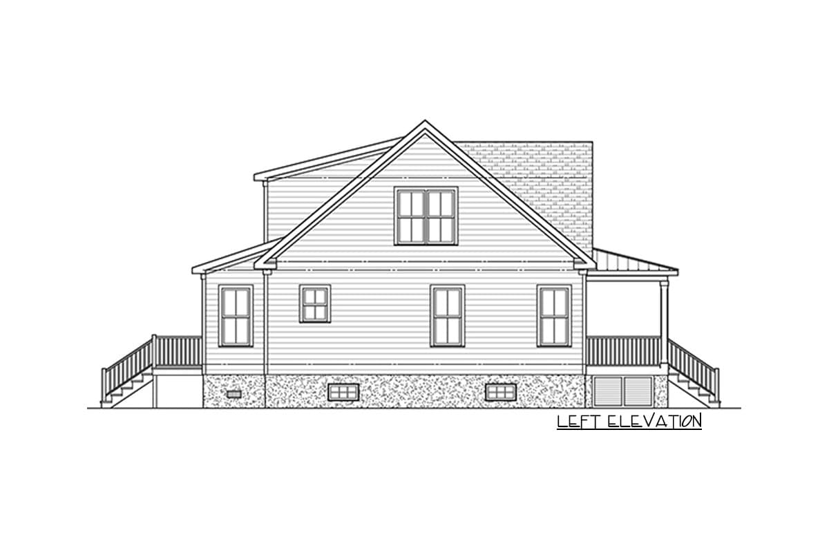 Left elevation house plan drawing showing gabled roof, siding, porch, and windows.