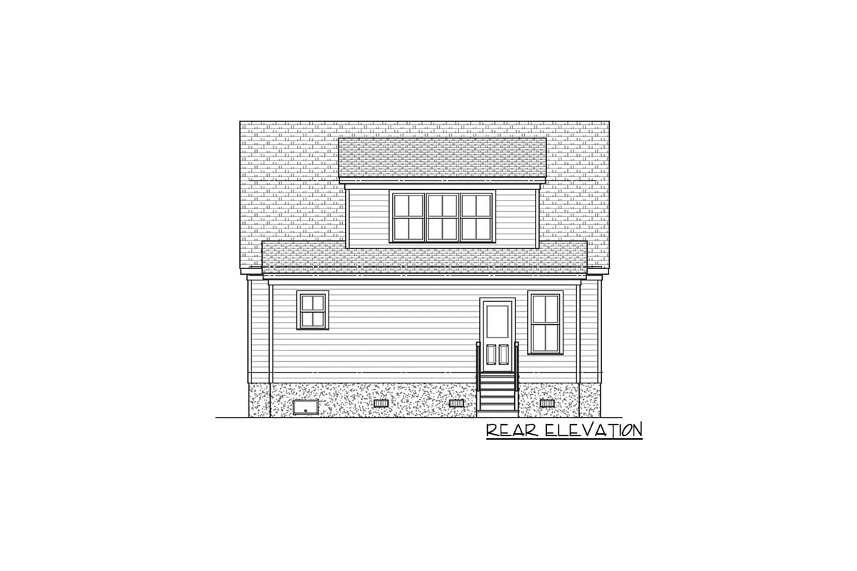 Rear elevation house plan with vinyl siding, a dormer window, a door with steps, and a stone foundation.