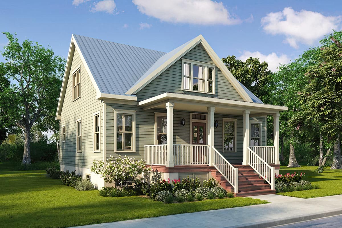 House plan exterior with Craftsman style, one story, and a front porch with a gable roof. Features include a metal roof and dormer.