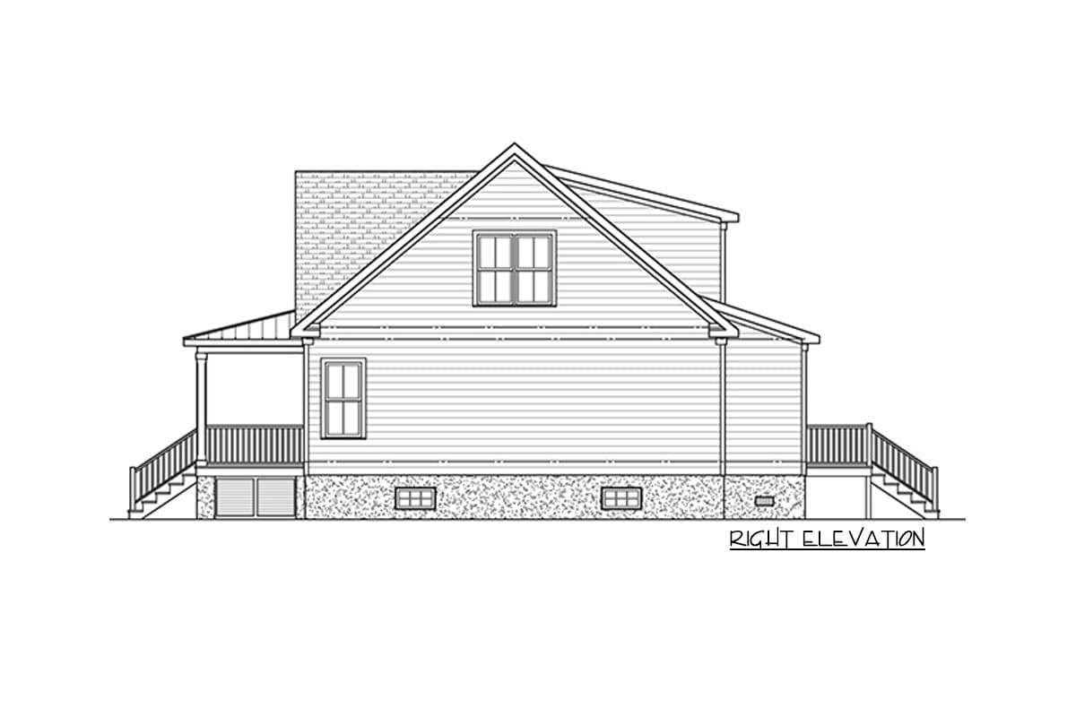 Right elevation house plan drawing shows a covered porch, gabled roof, and double-hung windows.