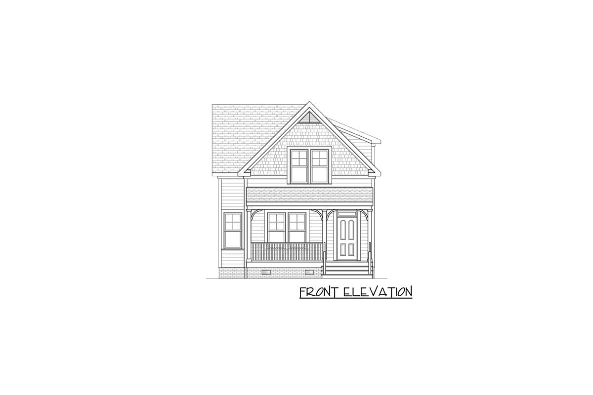 Front elevation house plan for a two-story home with a covered porch, dormer window, and gabled roof.