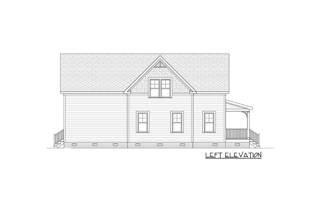 Left elevation house plan showing siding, gabled dormer with double windows, and a covered porch with railing.