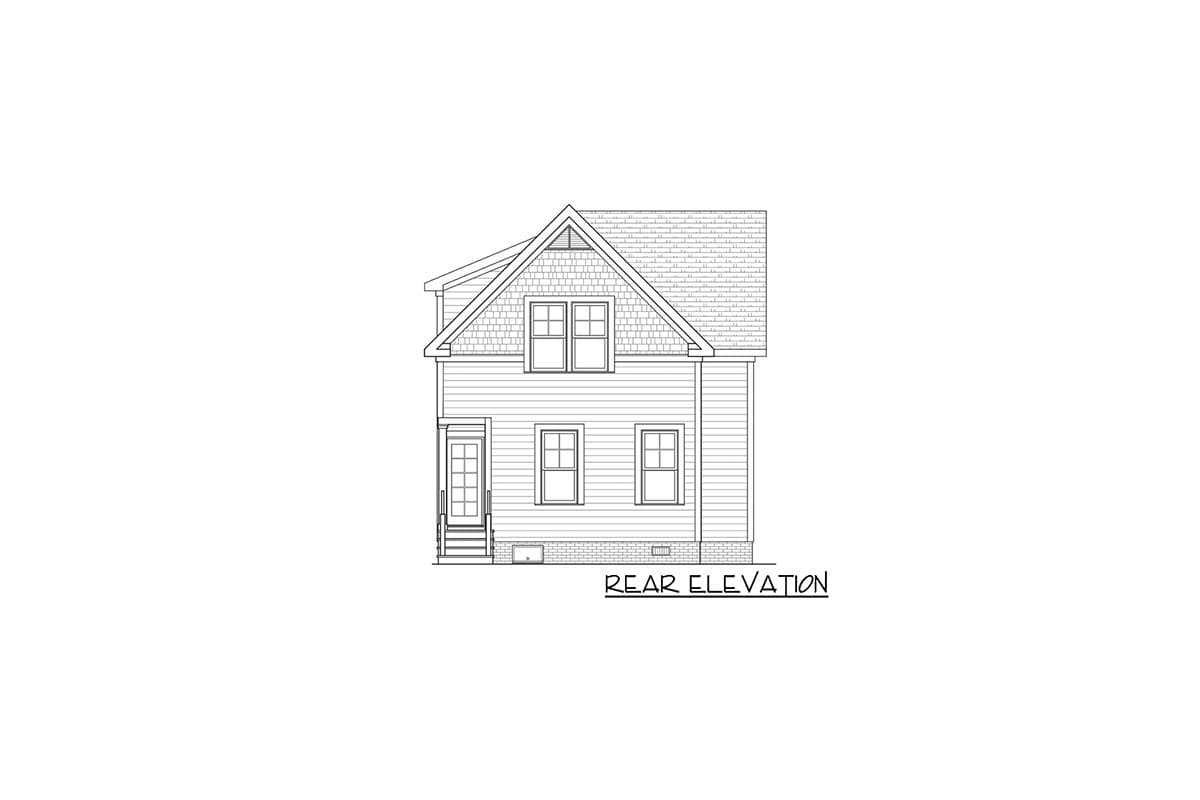 Rear elevation drawing of a two-story house with a gable roof, dormer, shingle siding, and a rear door with steps.