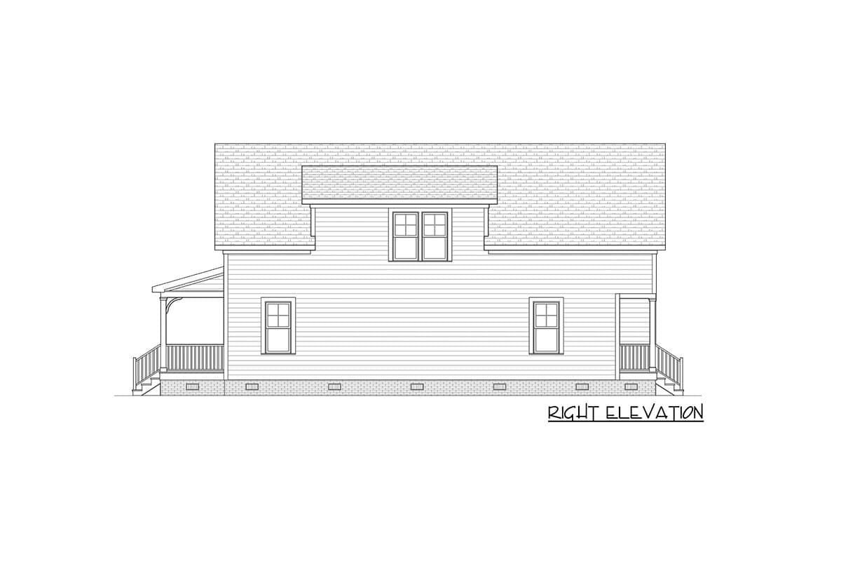 Right elevation drawing of a two-story house plan with horizontal siding, a covered porch, and a gabled dormer.