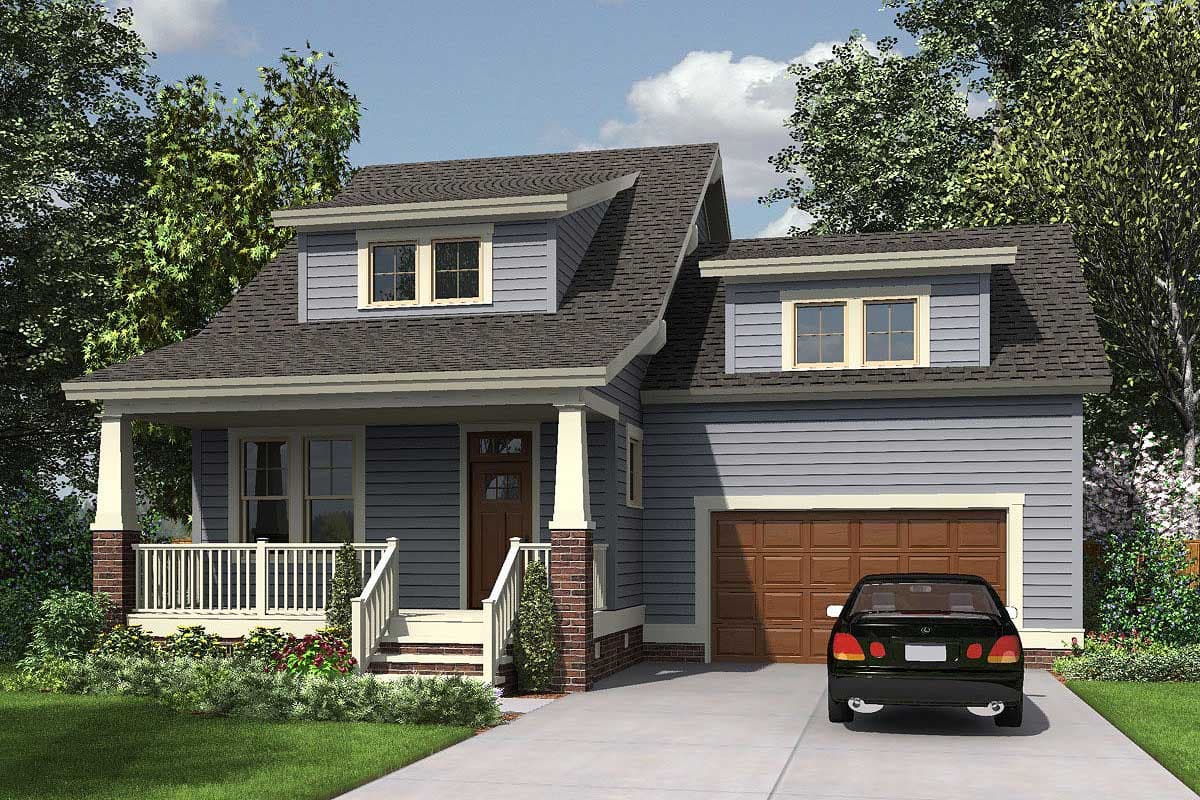 House plan exterior. Two-story Craftsman style home with dormers, a front porch, and an attached garage. Features horizontal siding and a gabled roof.