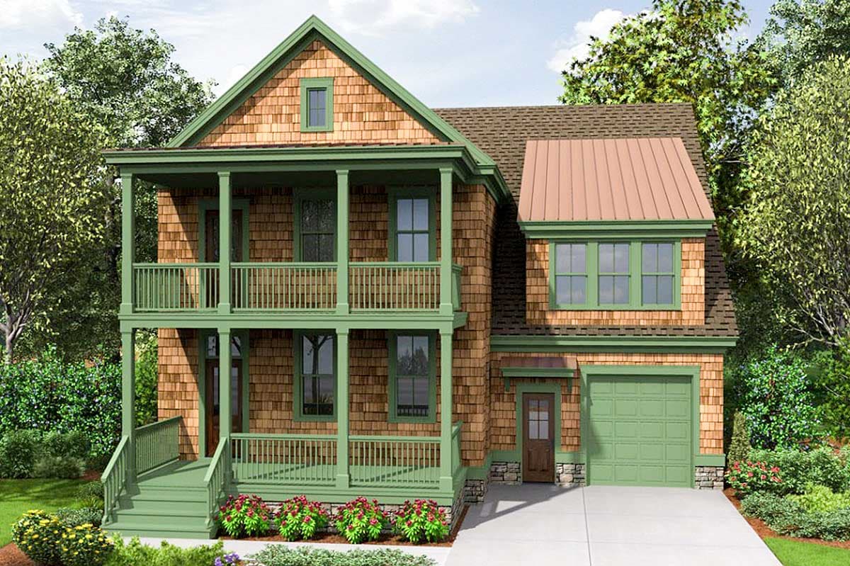 House plan exterior featuring a two-story Craftsman style. Includes a front porch, gabled roof, and attached garage. Exterior clad in wood shingles.