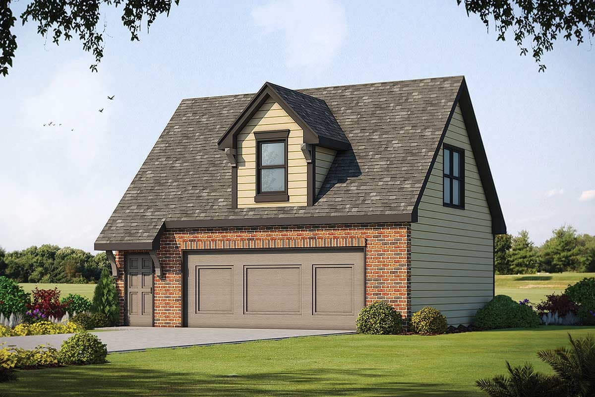 House plan exterior with brick facade, gable roof, and dormer. Features a two-car garage with a side entry door and a decorative window.