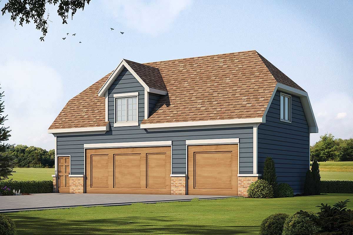 House plan exterior with two-car garage. Features include a gambrel roof, dormer window, and shingle siding with brick accents.