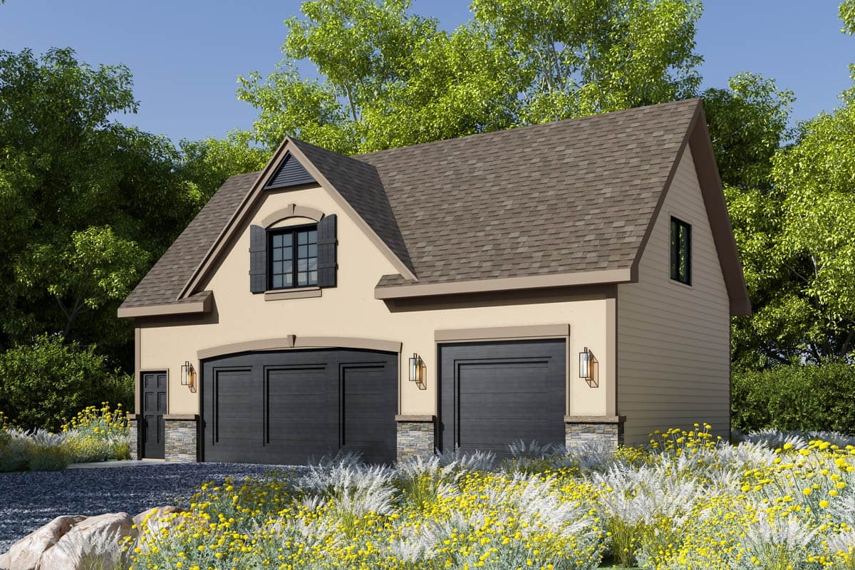 House plan exterior with gable roof, two-car garage, and a dormer. Featuring stone accents and decorative wall sconces.
