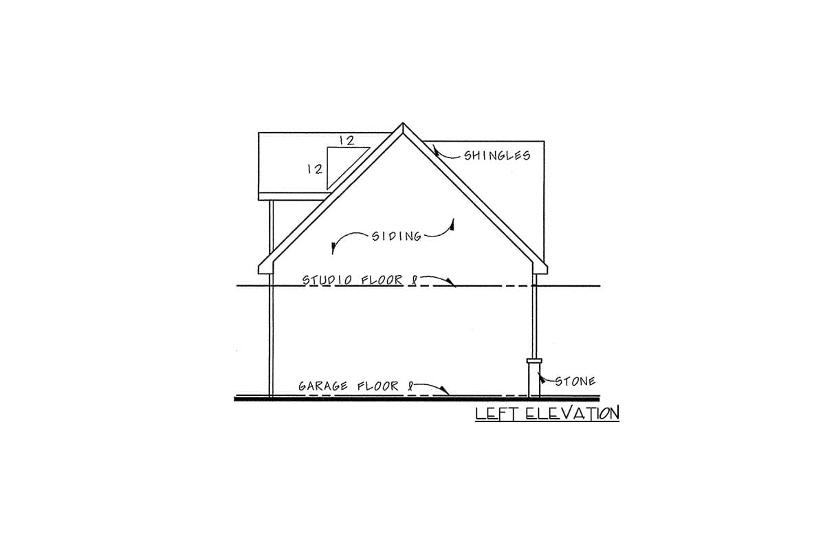 Left elevation drawing showing a house with a gabled roof, siding, shingles, a studio floor, and a garage floor with stone column supports.