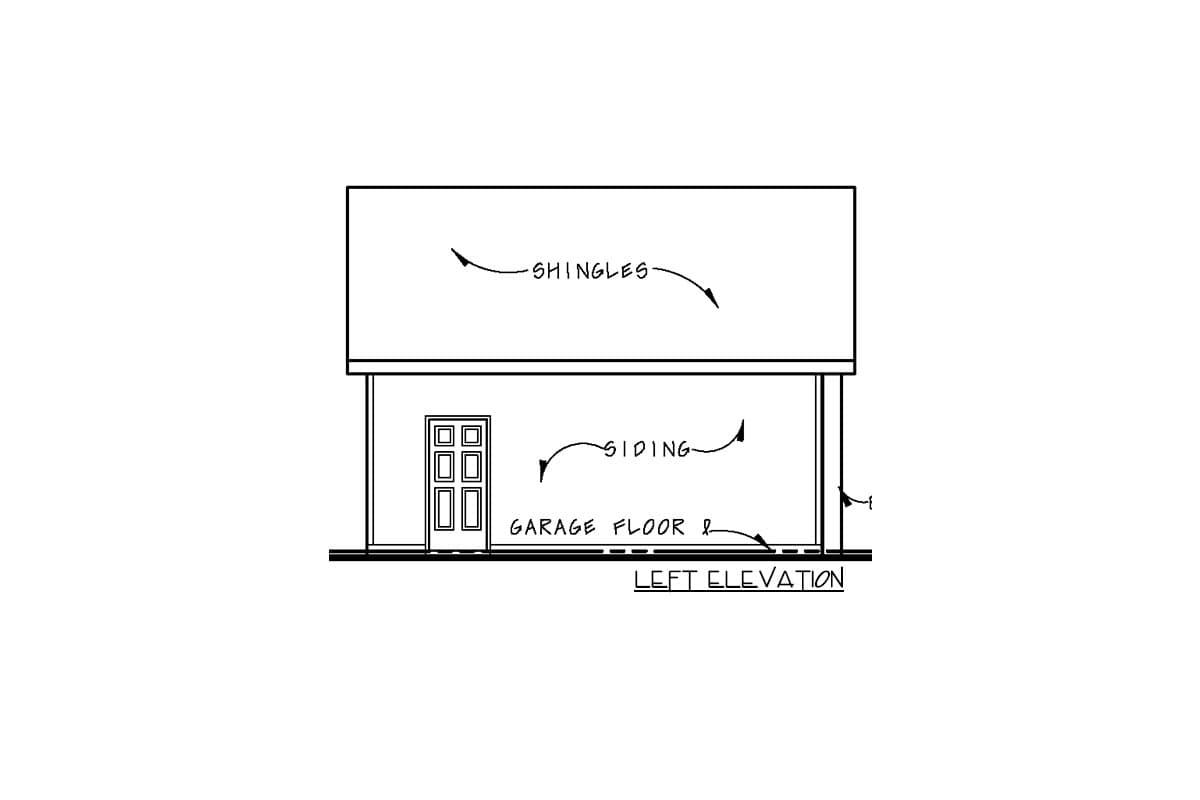 Left elevation drawing of a one-story house plan with shingles, siding, and a door.