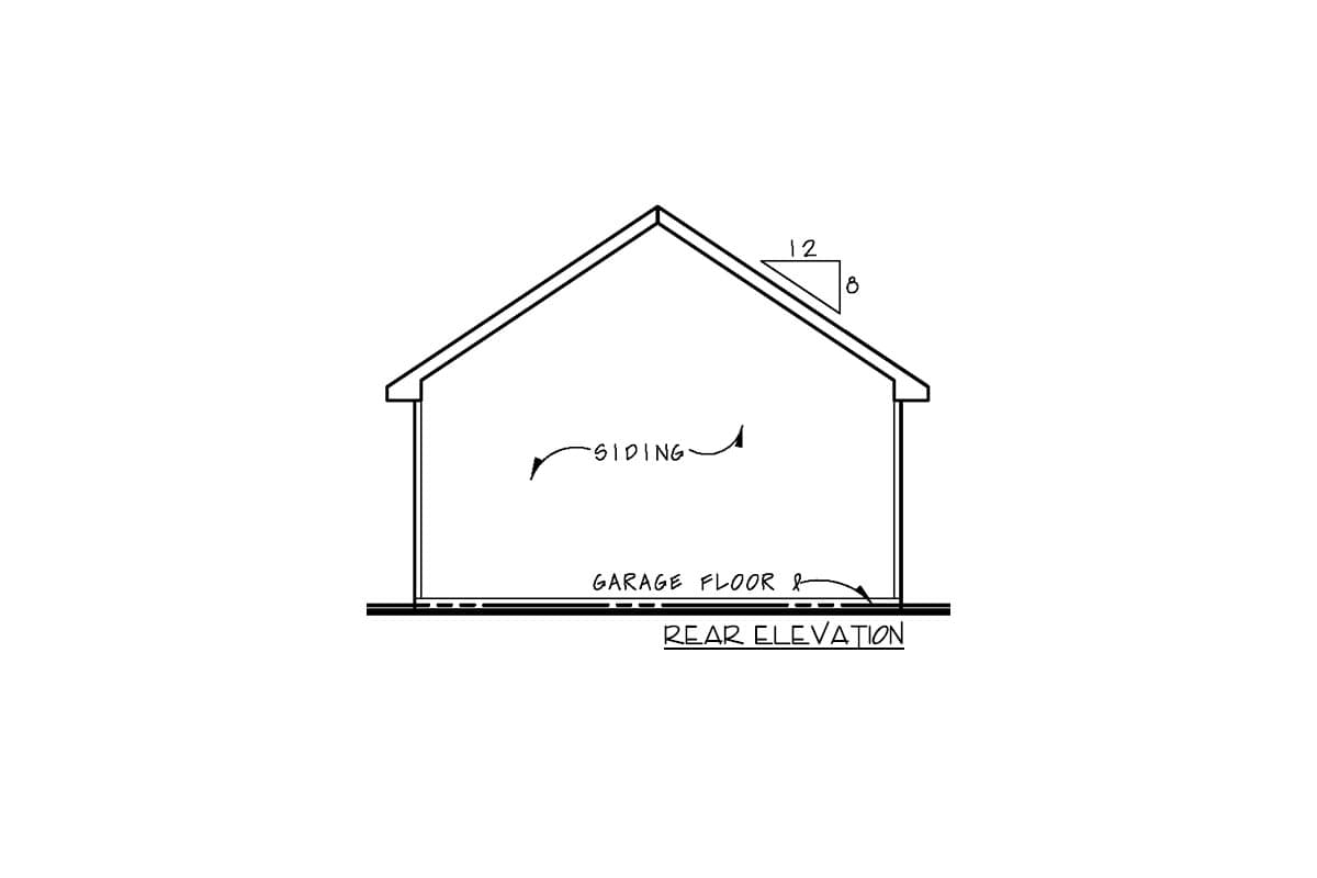 Rear elevation drawing showing pitched roof with 12:8 pitch, siding detail, and garage floor.