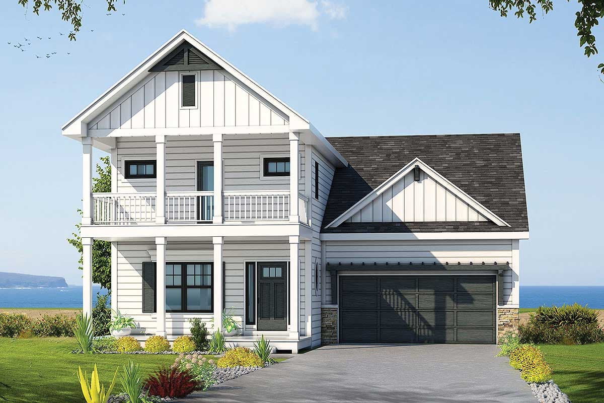House plan exterior: Two-story Modern Farmhouse with a gabled roof, two-story porch, and attached garage. Stone accents on the garage.
