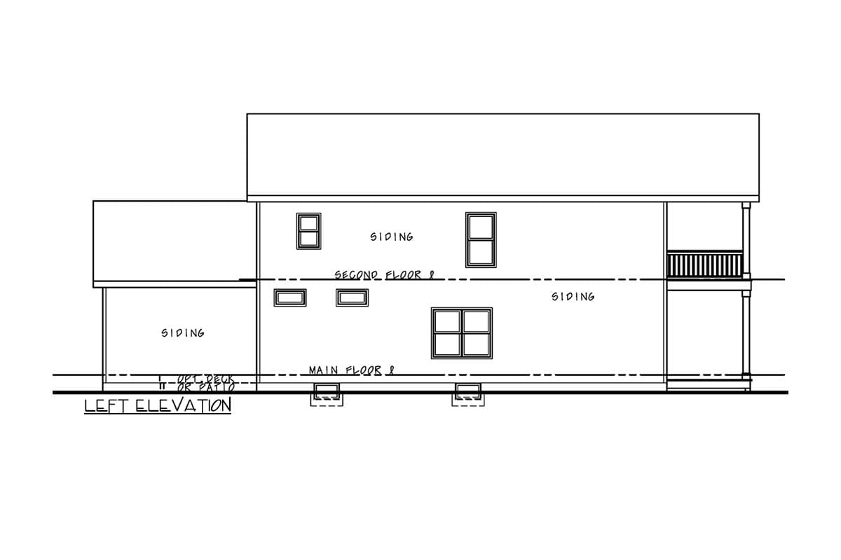 Left elevation drawing of a two-story house plan with siding, multiple windows, and a second-floor balcony.