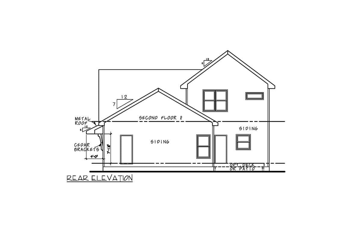 Rear elevation drawing of a two-story house plan with siding, metal roof, cedar brackets, and optional deck or patio.