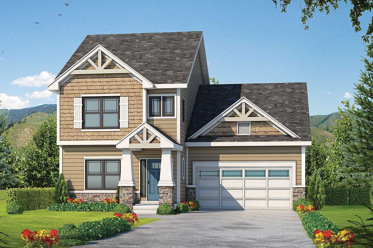 House plan exterior view of a two-story Craftsman home with gables, shake siding, and a two-car garage.