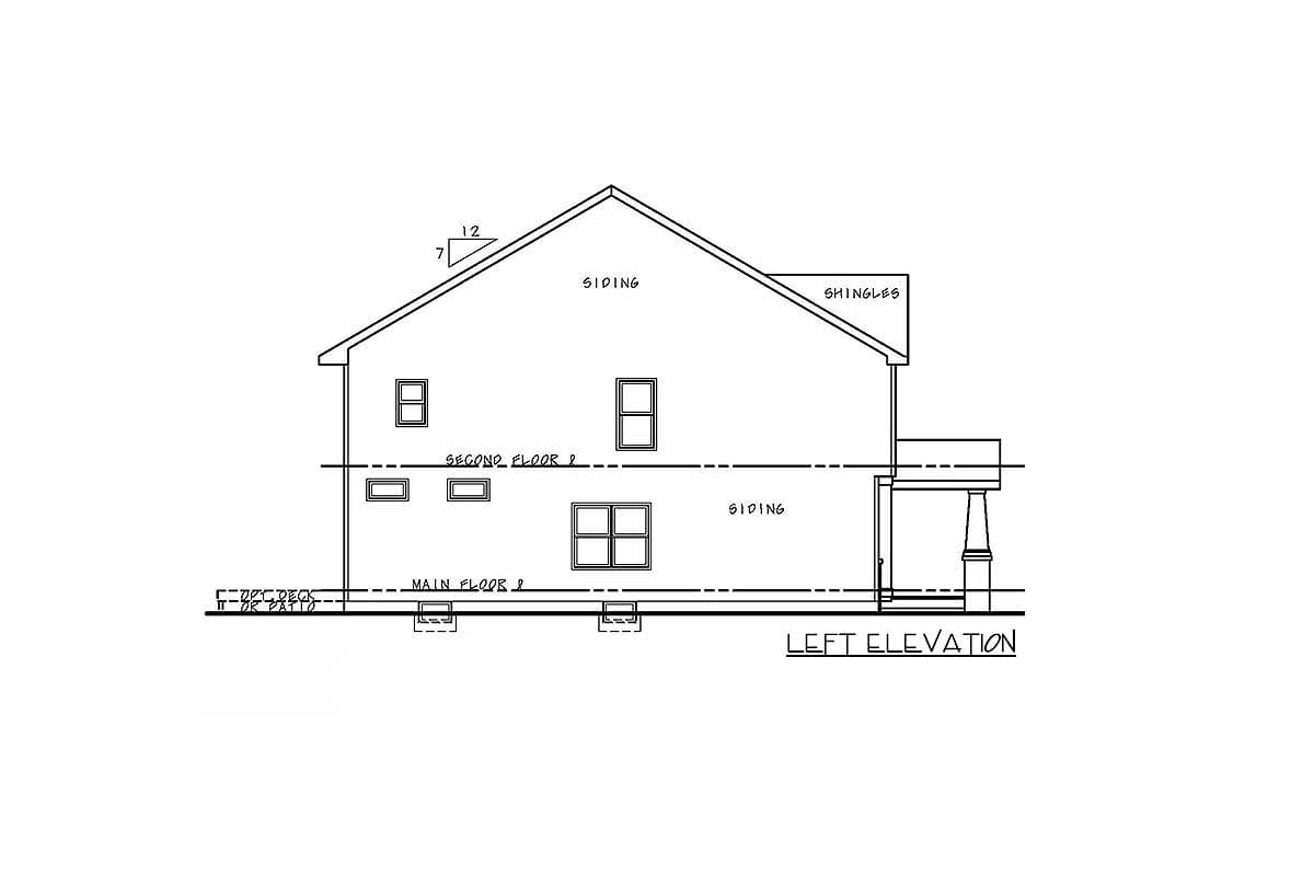Left elevation drawing of a two-story house plan with siding, shingles, and a deck.