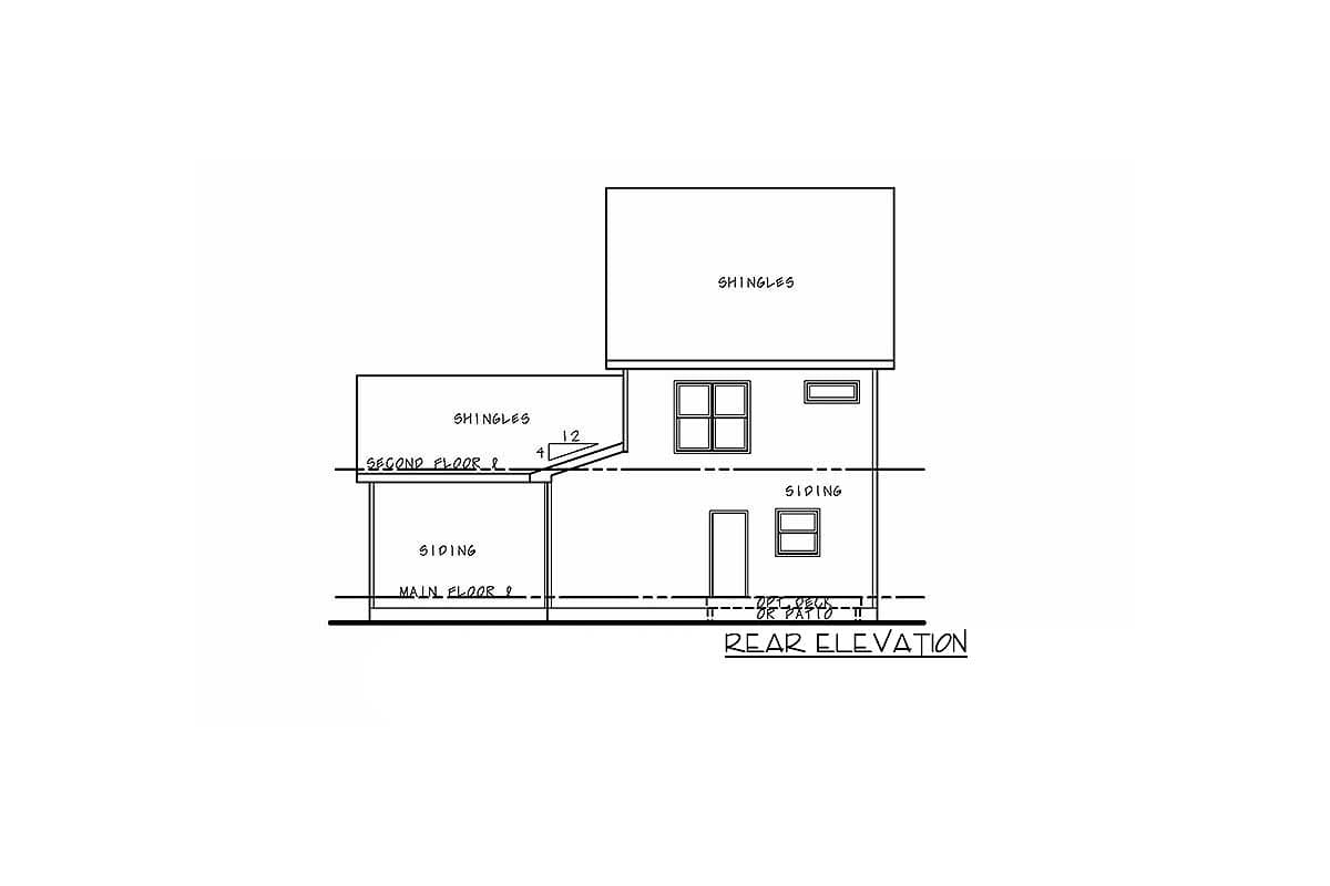 Rear elevation drawing of a two-story house plan showing siding, shingles, windows, a door, and an optional deck or patio.