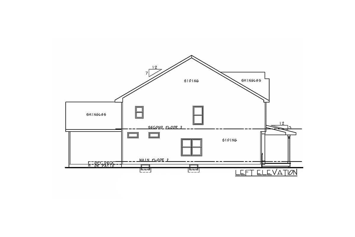 Left elevation house plan drawing showing two stories with siding and shingles.