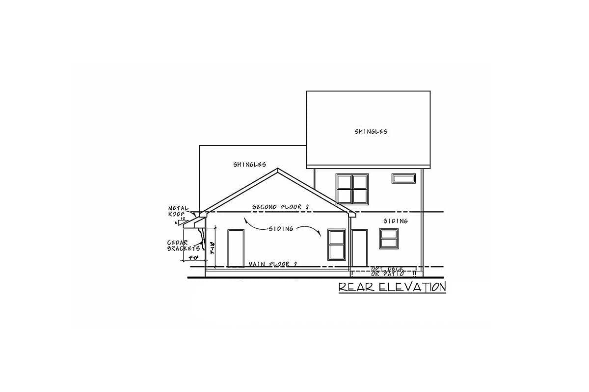Rear elevation drawing of a two-story house with shingled roof, metal roof detail, cedar brackets, and siding.