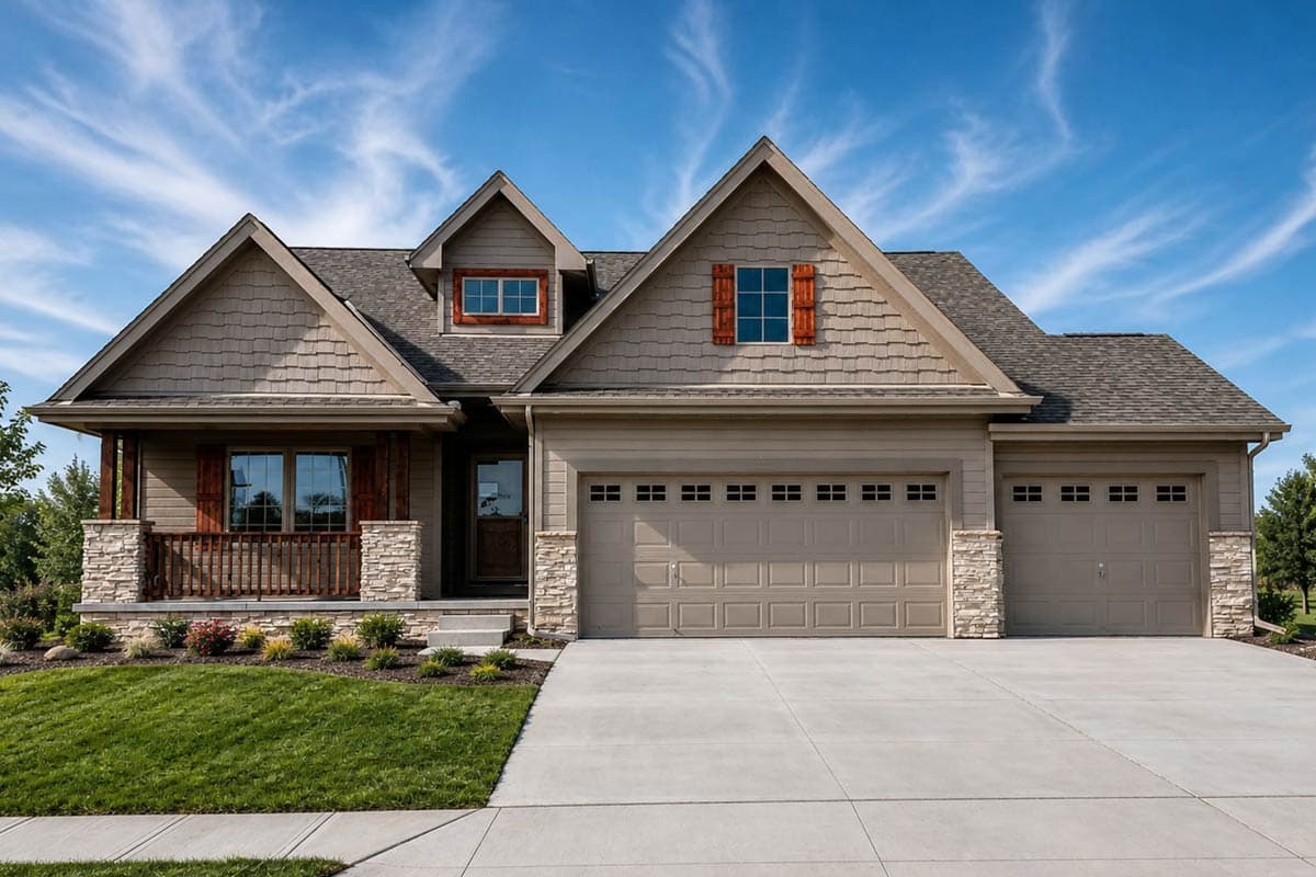 House plan exterior. Craftsman style, single-story home with a porch, gables, and a two-car garage. Features stone facade and dormer window.