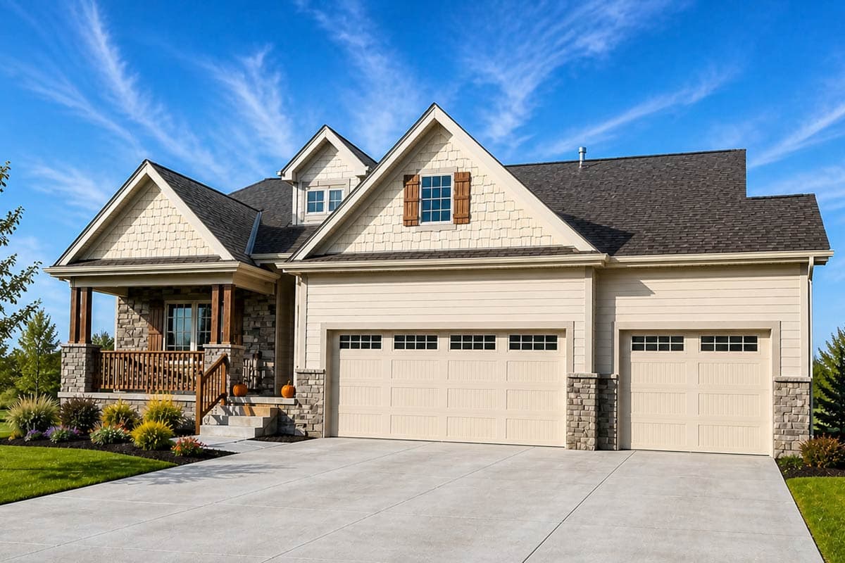 House plan exterior: Craftsman style, two stories, front porch, gables with cedar shakes, and a three-car side-entry garage.