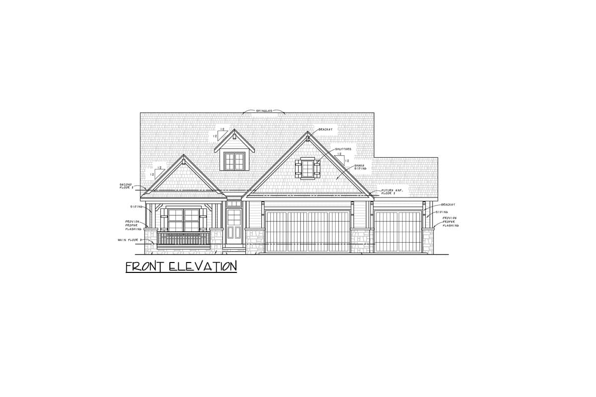 Front elevation house plan drawing showing a two-story home with gabled dormers, covered porch, and a three-car garage.