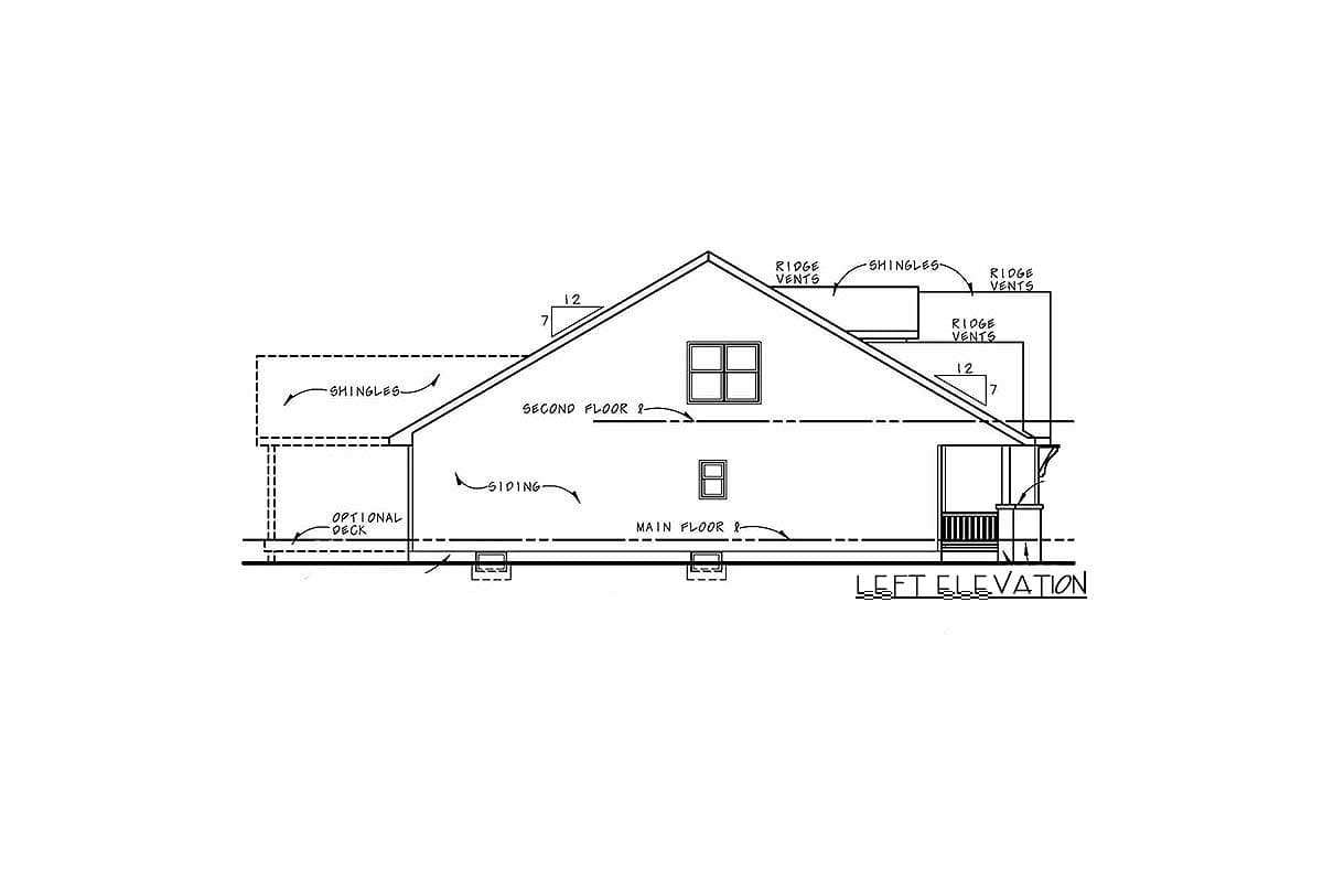 House plan elevation drawing, left view, showing main and second floors, gable roof with shingles, siding, and optional deck.